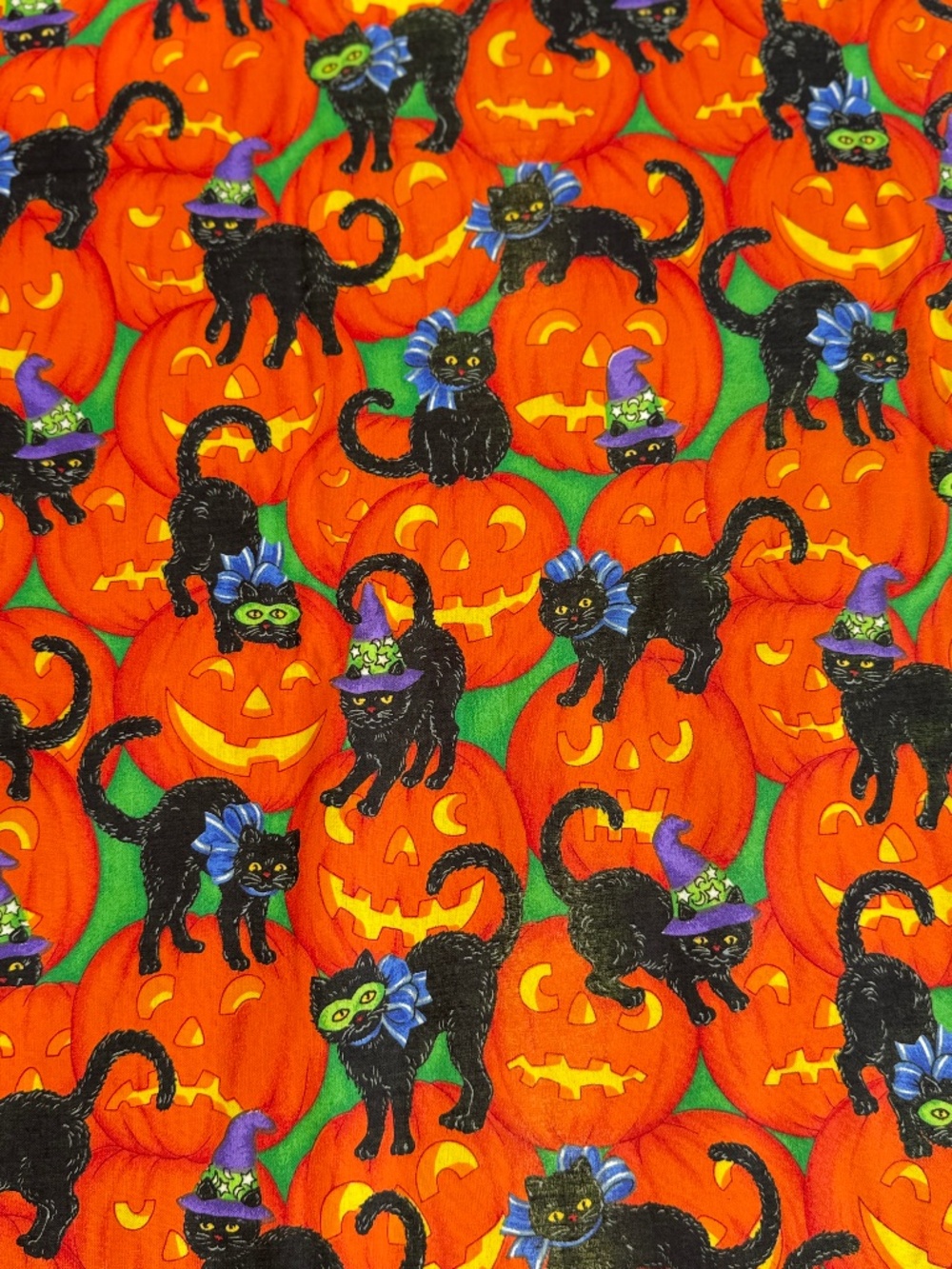 Cranston Halloween Fabric 3yds Cotton Black Cats Witch Hats Orange JackOLantern